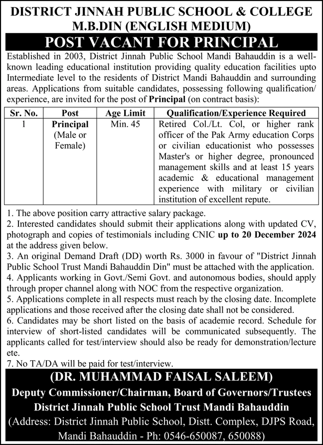 Job Opportunities at District Jinnah Public School & College Mandi Bahauddin