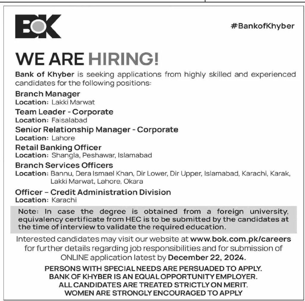 Latest Job in Bank of Khyber (BOK) Islamabad 