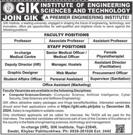 Latest Job at GIK Institute of Engineering Sciences & Technology Swabi