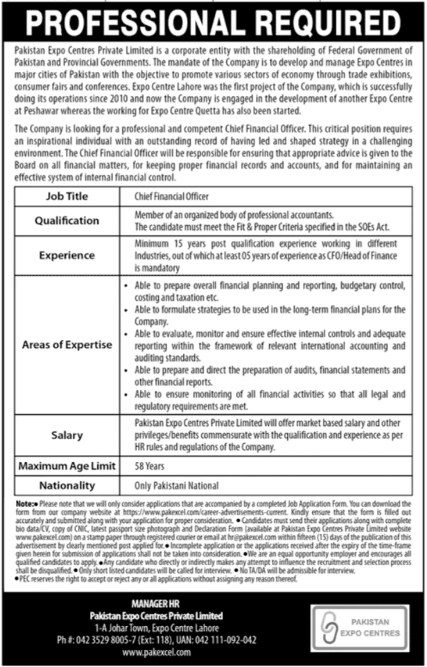 Pakistan Expo Centers PVT LTD Lahore Latest Jobs 