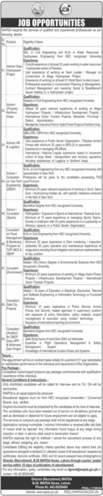 Newest Management Positions at Water and Power Development Authority (WAPDA), Lahore - 2024